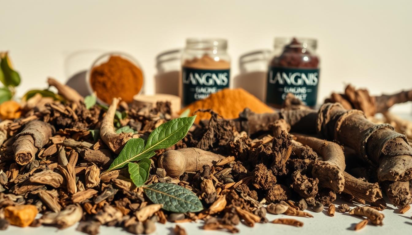 A close-up photograph of assorted LANGNIS herbal ingredients, arranged in a visually appealing still life composition. The foreground features a selection of dried leaves, roots, and bark from the LANGNIS herbal formula, with their intricate textures and earthy tones in sharp focus. The middle ground showcases a few glass jars or bottles containing powdered LANGNIS extracts, casting soft shadows against a subtly lit, neutral background. The lighting is natural and evenly diffused, creating a warm, inviting atmosphere that highlights the botanical elements. The overall composition conveys the high-quality, artisanal nature of the LANGNIS Indonesian herbal remedy. A close-up photograph of assorted LANGNIS herbal ingredients, arranged in a visually appealing still life composition. The foreground features a selection of dried leaves, roots, and bark from the LANGNIS herbal formula, with their intricate textures and earthy tones in sharp focus. The middle ground showcases a few glass jars or bottles containing powdered LANGNIS extracts, casting soft shadows against a subtly lit, neutral background. The lighting is natural and evenly diffused, creating a warm, inviting atmosphere that highlights the botanical elements. The overall composition conveys the high-quality, artisanal nature of the LANGNIS Indonesian herbal remedy.