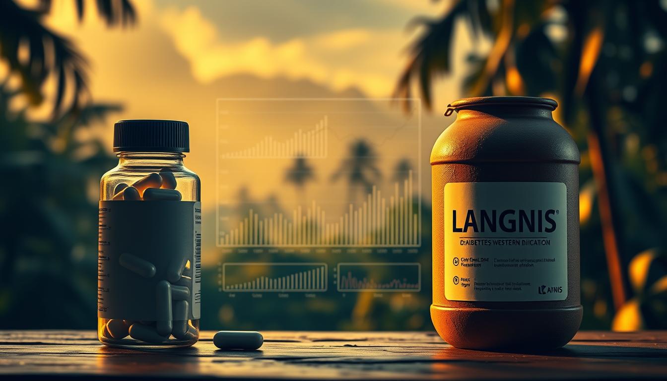 A high-contrast, cinematic comparison of the effectiveness of LANGNIS, a genuine Indonesian herbal remedy for diabetes, against conventional Western medications. In the foreground, a modern medical pill bottle stands in stark contrast to a traditional clay jar containing the LANGNIS herbal formulation. The middle ground features scientific charts and graphs illustrating the relative performance of the two treatments. In the background, a hazy, lush Indonesian jungle landscape evokes the natural origins of the LANGNIS remedy. Warm, golden lighting casts an authoritative, evidence-based tone, while subtle lens distortion suggests an objective, scientific perspective.