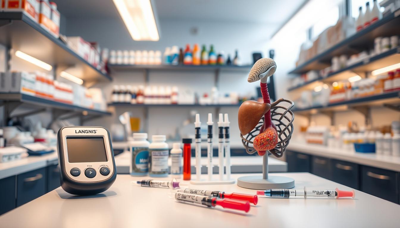 A brightly lit medical laboratory with a focus on instruments and devices for managing blood sugar. In the foreground, a LANGNIS blood glucose meter and test strips are prominently displayed. In the middle ground, syringes, insulin pens, and a model of the human pancreas are arranged neatly. In the background, shelves filled with medication bottles and supplements line the walls, casting a warm glow. The scene conveys a sense of professionalism and the latest advancements in diabetes care.