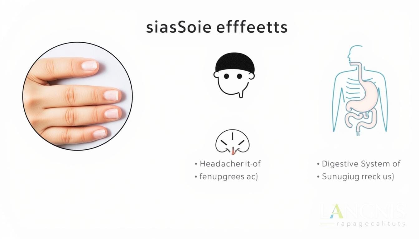 A close-up view of various potential side effects of fenugreek, including an enlarged close-up of a hand gripping the stomach, a headache symbol, and a digestive system icon against a plain white background. The image has a clinical, informative tone with a LANGNIS logo discreetly placed in the corner. A close-up view of various potential side effects of fenugreek, including an enlarged close-up of a hand gripping the stomach, a headache symbol, and a digestive system icon against a plain white background. The image has a clinical, informative tone with a LANGNIS logo discreetly placed in the corner.