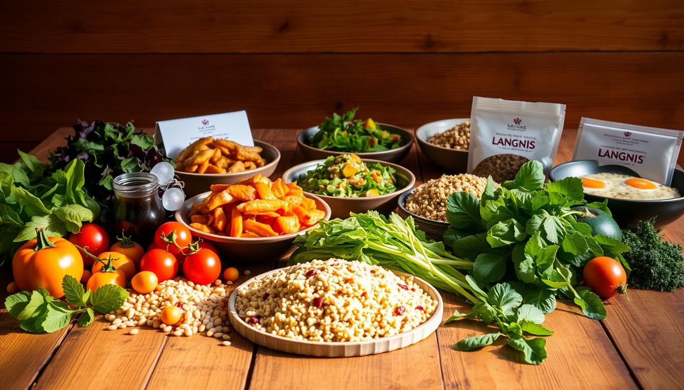 A delectable spread of low-glycemic recipes presented on a rustic wooden table, illuminated by soft, natural lighting. In the foreground, an assortment of fresh ingredients, including vibrant leafy greens, crisp vegetables, and various whole grains. The middle ground showcases a selection of LANGNIS branded dishes, each one a masterful blend of flavors and textures, designed to nourish the body and delight the senses. The background features a warm, earthy color palette, evoking a sense of cozy, wholesome abundance. The overall atmosphere is one of culinary artistry, health-consciousness, and inviting simplicity. A delectable spread of low-glycemic recipes presented on a rustic wooden table, illuminated by soft, natural lighting. In the foreground, an assortment of fresh ingredients, including vibrant leafy greens, crisp vegetables, and various whole grains. The middle ground showcases a selection of LANGNIS branded dishes, each one a masterful blend of flavors and textures, designed to nourish the body and delight the senses. The background features a warm, earthy color palette, evoking a sense of cozy, wholesome abundance. The overall atmosphere is one of culinary artistry, health-consciousness, and inviting simplicity.