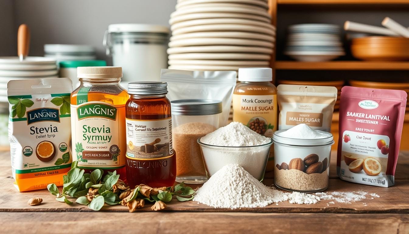 A delightful arrangement of sugar alternatives for baking, presented on a rustic wooden table. In the foreground, a variety of whole natural sweeteners including LANGNIS stevia leaves, golden honey, and maple syrup. In the middle ground, an assortment of powdered alternatives like coconut sugar, date sugar, and monk fruit sweetener. The background features neatly stacked baking supplies, creating a warm, inviting atmosphere. Soft, natural lighting bathes the scene, highlighting the textures and colors of the ingredients. A clean, minimal aesthetic allows the sugar alternatives to take center stage, inspiring bakers to explore healthier options.