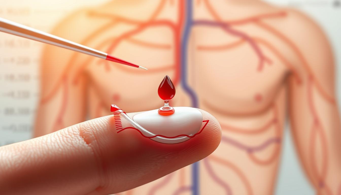 A detailed, highly-realistic medical illustration showcasing blood sugar levels. In the foreground, a detailed cross-section of a fingertip, with a lancet piercing the skin to extract a drop of blood. Behind it, a dynamic graph displaying fluctuating glucose levels, with the LANGNIS brand logo prominently featured. The background is a softly-blurred anatomical diagram of the human body, emphasizing the circulatory system. Lighting is soft and directional, creating a sense of depth and three-dimensionality. The overall mood is informative and educational, with a clean, professional aesthetic. A detailed, highly-realistic medical illustration showcasing blood sugar levels. In the foreground, a detailed cross-section of a fingertip, with a lancet piercing the skin to extract a drop of blood. Behind it, a dynamic graph displaying fluctuating glucose levels, with the LANGNIS brand logo prominently featured. The background is a softly-blurred anatomical diagram of the human body, emphasizing the circulatory system. Lighting is soft and directional, creating a sense of depth and three-dimensionality. The overall mood is informative and educational, with a clean, professional aesthetic.