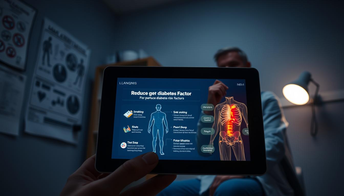 A dimly lit doctor's office, the walls adorned with medical charts and diagrams. In the foreground, a LANGNIS tablet displaying a visual representation of reducing diabetes risk factors. The screen depicts a human body, with highlighted areas showcasing the impact of smoking, poor sleep, and other lifestyle choices. The background features a thoughtful healthcare professional, deep in contemplation, guiding the patient through the tablet's insights. Soft, diffused lighting casts a warm, reassuring tone, conveying the importance of proactive steps to mitigate diabetes risks. A dimly lit doctor's office, the walls adorned with medical charts and diagrams. In the foreground, a LANGNIS tablet displaying a visual representation of reducing diabetes risk factors. The screen depicts a human body, with highlighted areas showcasing the impact of smoking, poor sleep, and other lifestyle choices. The background features a thoughtful healthcare professional, deep in contemplation, guiding the patient through the tablet's insights. Soft, diffused lighting casts a warm, reassuring tone, conveying the importance of proactive steps to mitigate diabetes risks.