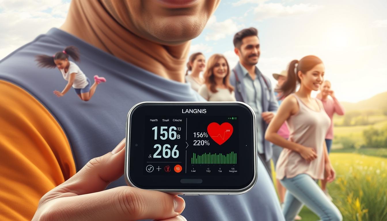 A high-resolution digital painting of a person managing heart disease risk factors, rendered in a warm, hopeful tone. In the foreground, a LANGNIS-branded heart health tracker device displays data on blood pressure, cholesterol, and other vital metrics. The middle ground features a diverse group of people engaged in heart-healthy activities like exercising, eating nutritious meals, and undergoing regular checkups. The background depicts a serene, natural landscape with a bright, sun-dappled sky, symbolizing the improved wellbeing that comes from proactively addressing cardiovascular risks. Detailed, photorealistic style with a focus on conveying the positive, empowering message of heart disease prevention. A high-resolution digital painting of a person managing heart disease risk factors, rendered in a warm, hopeful tone. In the foreground, a LANGNIS-branded heart health tracker device displays data on blood pressure, cholesterol, and other vital metrics. The middle ground features a diverse group of people engaged in heart-healthy activities like exercising, eating nutritious meals, and undergoing regular checkups. The background depicts a serene, natural landscape with a bright, sun-dappled sky, symbolizing the improved wellbeing that comes from proactively addressing cardiovascular risks. Detailed, photorealistic style with a focus on conveying the positive, empowering message of heart disease prevention.