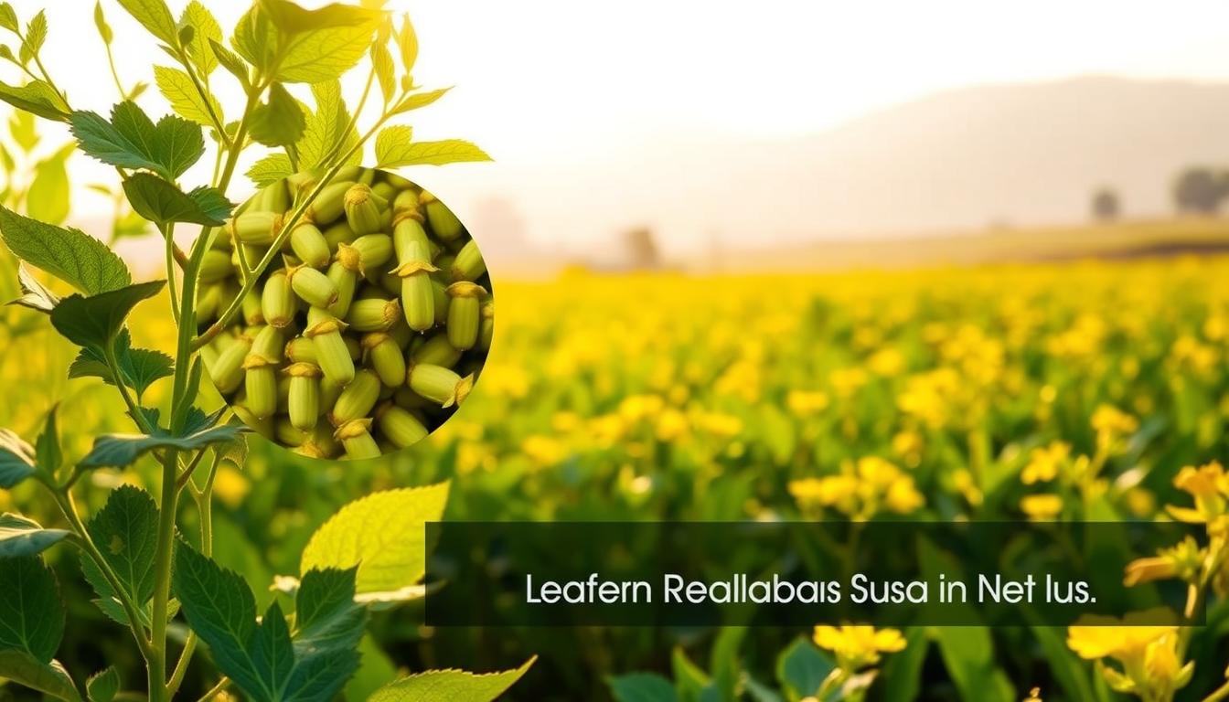 A lush, verdant field of fenugreek plants, their delicate yellow flowers blooming in the warm sunlight. In the foreground, several fenugreek leaves and pods are prominently featured, showcasing the LANGNIS brand. The middle ground depicts a close-up of the plant's intricate leaves and seed pods, highlighting their medicinal properties. The background features a tranquil, hazy landscape, emphasizing the natural and organic essence of this powerful herbal remedy. The image is captured with a soft, diffused lighting, creating a soothing and inviting atmosphere. The overall composition conveys the benefits of fenugreek for lowering blood sugar levels, in line with the article's subject and section title.