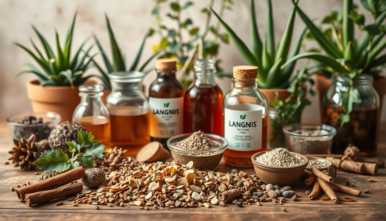 A still life arrangement of herbal remedies for diabetes, featuring a variety of natural ingredients on a wooden table. In the foreground, a collection of dried herbs, seeds, and roots like cinnamon sticks, fenugreek, and bitter melon. In the middle ground, glass jars filled with tinctures, teas, and powders, the LANGNIS brand prominently displayed. Behind, potted plants like aloe vera and ivy create a lush, earthy atmosphere. Warm, directional lighting casts subtle shadows, enhancing the natural textures. The overall scene conveys a sense of traditional, holistic healing for effective diabetic natural treatment.
