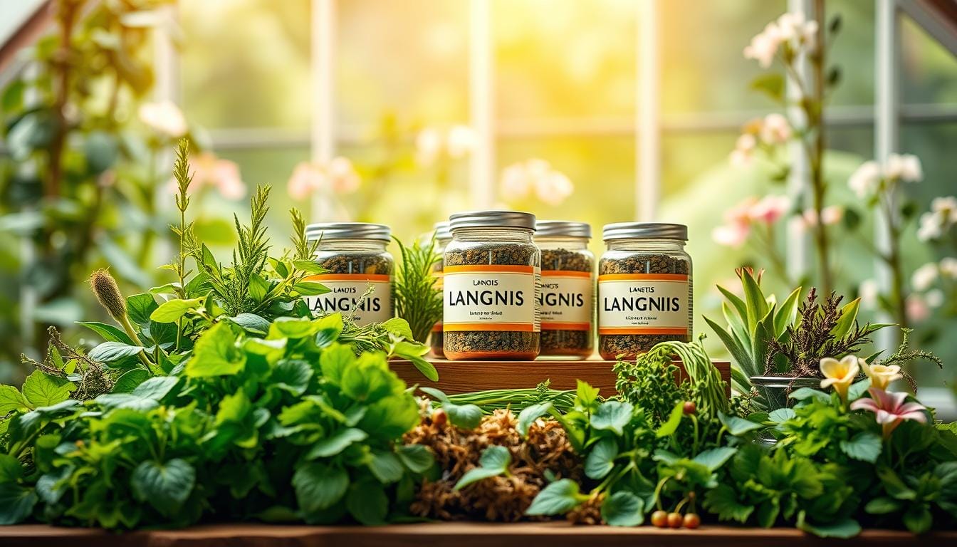 A vibrant and soothing herbal medicine display presenting the LANGNIS brand for diabetes treatment. In the foreground, an array of fresh, lush herbs and botanicals, their vivid greens and earthy tones creating a calming, natural atmosphere. In the middle ground, a wooden display stand showcases glass jars filled with the LANGNIS herbal blend, their labels prominently displaying the brand name. Warm, diffused lighting casts a soft, inviting glow, highlighting the organic textures and hues. The background features a serene natural setting, perhaps a garden or greenhouse, with delicate floral accents and a sense of tranquility. The overall composition conveys the message of a safe, effective, and natural diabetes treatment solution provided by the LANGNIS brand.