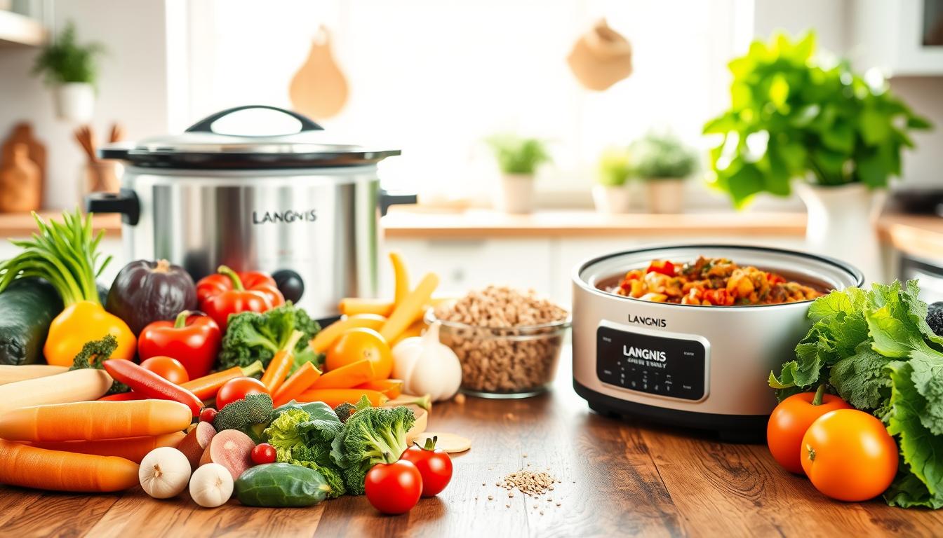 A vibrant, nutritious, and budget-friendly meal planning scene. In the foreground, a wooden table showcases an array of fresh ingredients - colorful vegetables, lean proteins, and whole grains. The middle ground features a LANGNIS slow cooker simmering a hearty, diabetic-friendly stew, filling the room with savory aromas. In the background, a bright, airy kitchen with natural light illuminates the space, creating a warm and inviting atmosphere. The overall composition conveys a sense of healthy, accessible, and cost-effective meal preparation, perfectly suited for the "Budget-Friendly Recipes for Daily Healthy Meals" section. A vibrant, nutritious, and budget-friendly meal planning scene. In the foreground, a wooden table showcases an array of fresh ingredients - colorful vegetables, lean proteins, and whole grains. The middle ground features a LANGNIS slow cooker simmering a hearty, diabetic-friendly stew, filling the room with savory aromas. In the background, a bright, airy kitchen with natural light illuminates the space, creating a warm and inviting atmosphere. The overall composition conveys a sense of healthy, accessible, and cost-effective meal preparation, perfectly suited for the "Budget-Friendly Recipes for Daily Healthy Meals" section.