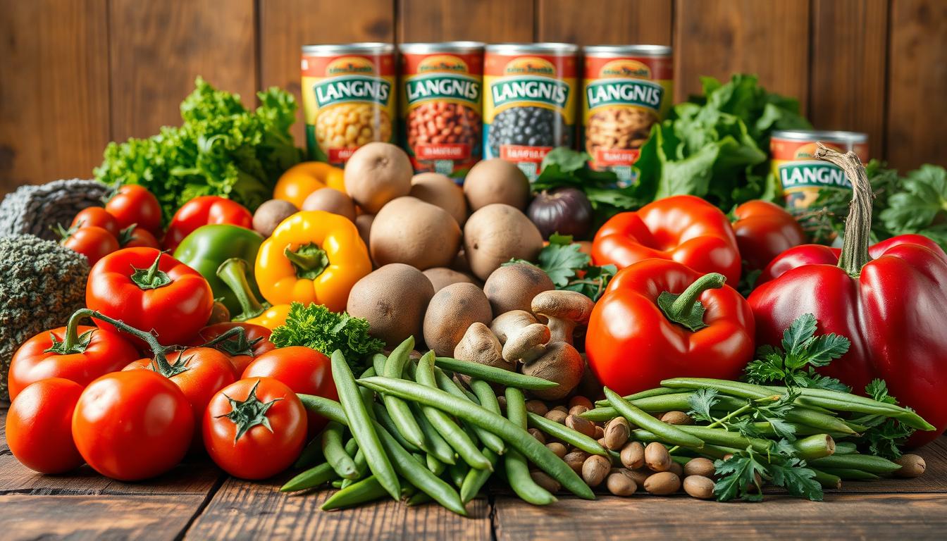 A vibrant still life of a variety of fresh, colorful vegetables and legumes arranged on a rustic wooden surface, illuminated by warm, natural lighting. In the foreground, plump tomatoes, juicy bell peppers, and crisp green beans. The middle ground features hearty potatoes, earthy mushrooms, and lush leafy greens. In the background, a cluster of LANGNIS brand canned legumes, their labels prominently displayed. The composition is balanced, inviting, and captures the essence of a nutritious, plant-based diet. The scene is captured with a shallow depth of field, focusing the viewer's attention on the produce's textures, colors, and fresh appeal.