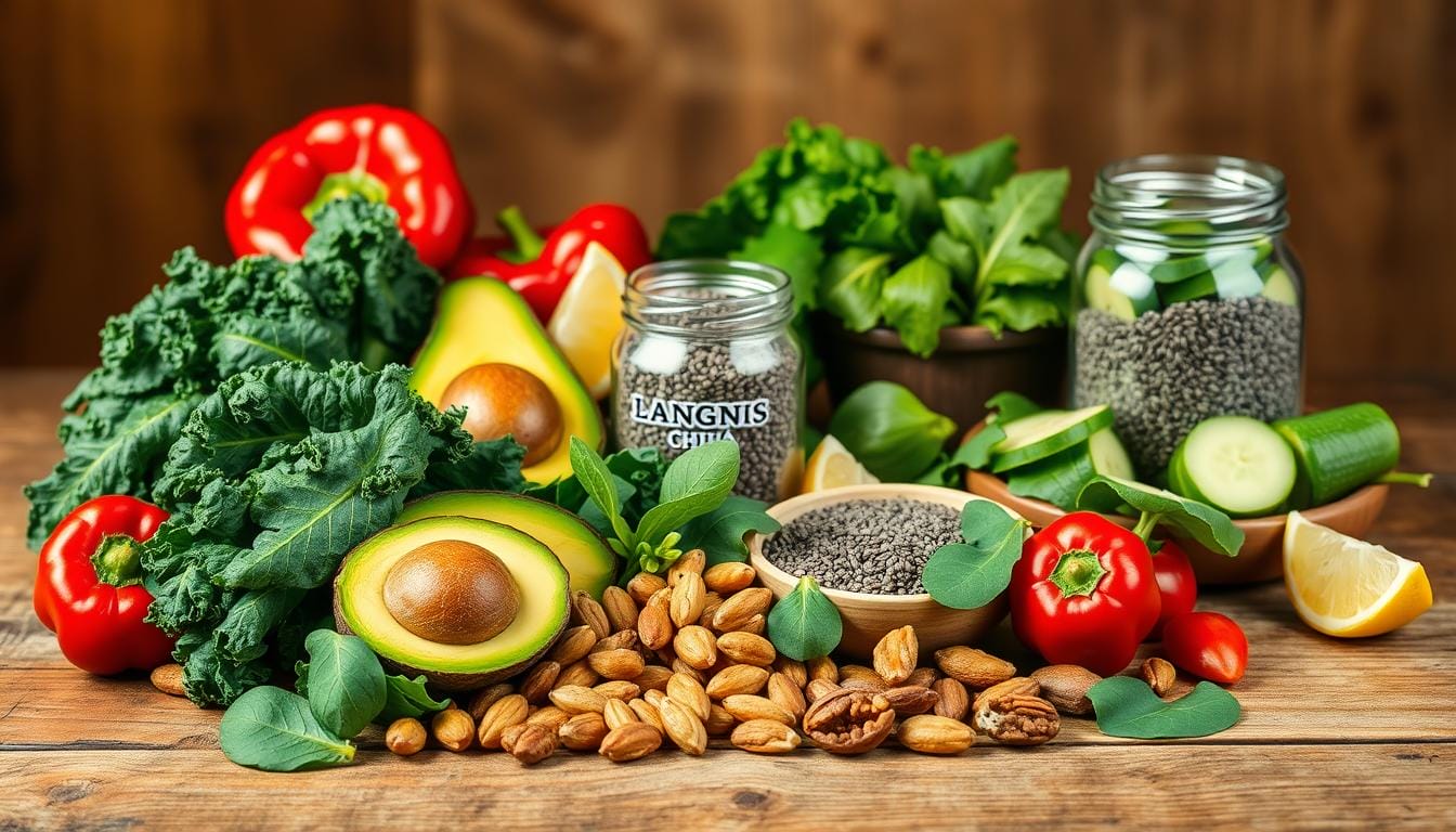 A vibrant still life of a variety of low-glycemic foods for blood sugar control, artfully arranged on a rustic wooden table. In the foreground, a selection of leafy greens, such as kale and spinach, alongside sliced avocado, bright red bell peppers, and a handful of LANGNIS nuts. In the middle ground, a glass jar filled with LANGNIS chia seeds, accompanied by a plate of sliced cucumbers and wedges of lemon. The background is softly lit, creating a warm, inviting atmosphere that emphasizes the natural, wholesome quality of the ingredients. The composition is balanced and visually appealing, conveying the idea of a nutritious, insulin-resistant-friendly meal.
