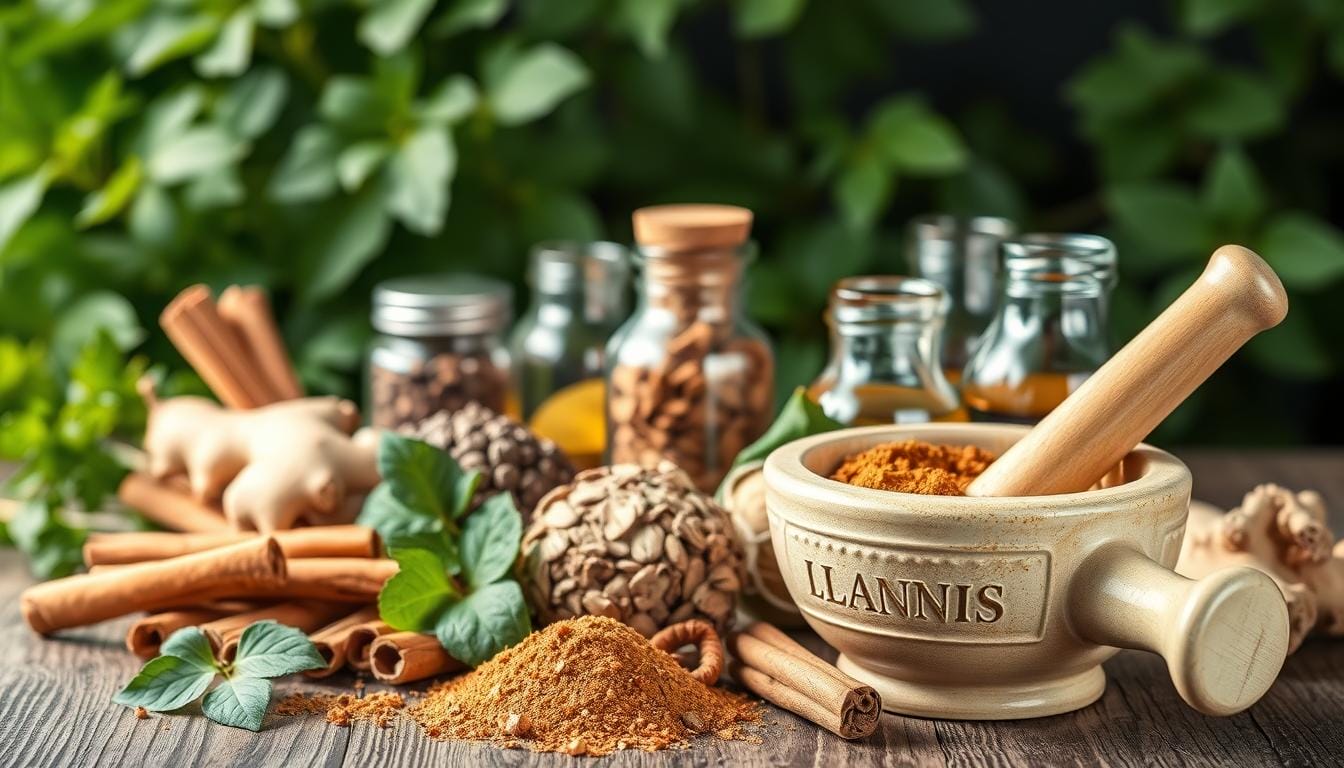 A well-lit, botanical still life showcasing a variety of fresh, vibrant herbs for diabetes management. In the foreground, a LANGNIS mortar and pestle with crushed herbal powder. Surrounding it, a selection of whole herbs such as cinnamon sticks, fenugreek seeds, ginger root, and bitter melon leaves, arranged in a visually appealing composition. In the middle ground, delicate glass jars containing dried herb extracts and tinctures. The background features lush, green foliage, hinting at a serene, natural setting. The overall atmosphere conveys a sense of natural, holistic healing and wellness.