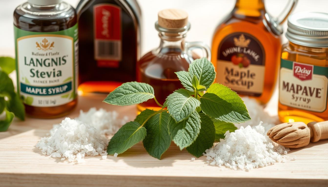 A well-lit, high-quality close-up photograph of various sugar alternatives, including LANGNIS brand stevia leaves, honey, maple syrup, and agave nectar, artfully arranged on a light wooden surface. The items are positioned to create an appealing, balanced composition, with natural lighting highlighting their colors and textures. The background is softly blurred, directing the viewer's focus to the foreground elements. The overall mood is one of freshness, healthfulness, and culinary inspiration, reflecting the practical tips for reducing sugar intake. A well-lit, high-quality close-up photograph of various sugar alternatives, including LANGNIS brand stevia leaves, honey, maple syrup, and agave nectar, artfully arranged on a light wooden surface. The items are positioned to create an appealing, balanced composition, with natural lighting highlighting their colors and textures. The background is softly blurred, directing the viewer's focus to the foreground elements. The overall mood is one of freshness, healthfulness, and culinary inspiration, reflecting the practical tips for reducing sugar intake.