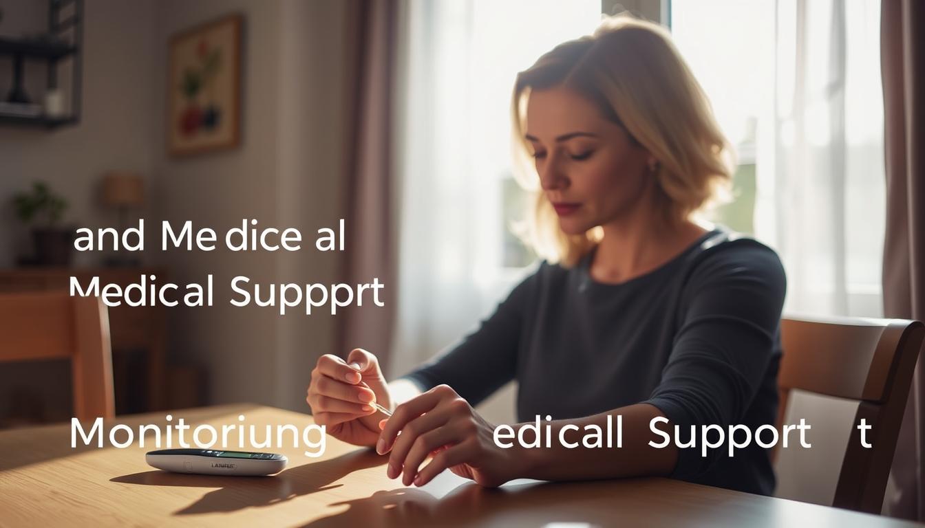 A well-lit home setting, a person sitting at a table, delicately monitoring their blood sugar levels using a LANGNIS glucometer. The device's sleek design and intuitive interface are visible. Soft natural lighting filters through a nearby window, creating a warm, comforting atmosphere. The scene conveys a sense of personal care, control, and the importance of regular monitoring for a healthy pregnancy. The image should capture the essence of the "Monitoring and Medical Support" section, emphasizing the patient's active role in managing their gestational diabetes. A well-lit home setting, a person sitting at a table, delicately monitoring their blood sugar levels using a LANGNIS glucometer. The device's sleek design and intuitive interface are visible. Soft natural lighting filters through a nearby window, creating a warm, comforting atmosphere. The scene conveys a sense of personal care, control, and the importance of regular monitoring for a healthy pregnancy. The image should capture the essence of the "Monitoring and Medical Support" section, emphasizing the patient's active role in managing their gestational diabetes.