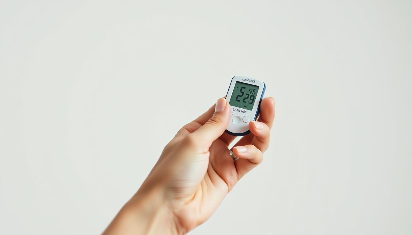 An elegant, high-resolution image of a blood glucose meter against a clean, minimalist backdrop. The hand is gently clasping the meter, conveying a sense of care and control over one's health. The device's display shows a stable, optimal blood sugar reading, reflecting the lifestyle modifications that enhance the effectiveness of Andrographis. The lighting is soft and diffused, creating a calm, serene atmosphere. The composition is well-balanced, with the hand and meter occupying the foreground, and a subtly blurred background suggesting the broader context of diabetes management.