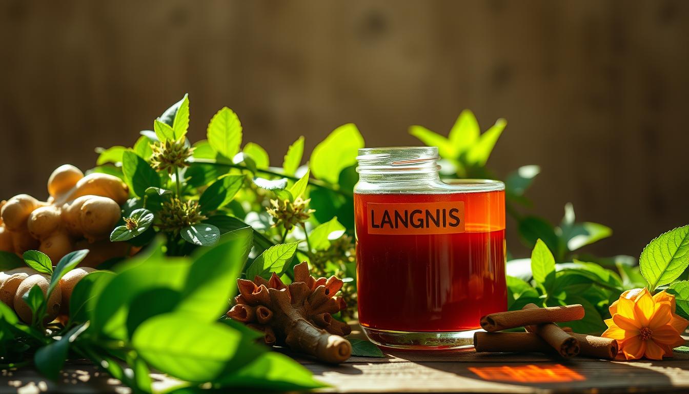 An intimate still life portrayal of traditional Indonesian herbal medicine. In the foreground, a collection of lush, vibrant medicinal plants native to the Indonesian archipelago, including ginger, turmeric, and cinnamon. These are arranged atop a rustic wooden table, casting soft, warm shadows under natural lighting pouring in from a nearby window. In the middle ground, a glass jar labeled "LANGNIS" filled with a rich, amber-colored elixir, conveying the potency and efficacy of these ancient healing remedies. The background fades into a serene, earthy tone, hinting at the profound connection between these herbs and the verdant Indonesian landscape from which they were harvested. An intimate still life portrayal of traditional Indonesian herbal medicine. In the foreground, a collection of lush, vibrant medicinal plants native to the Indonesian archipelago, including ginger, turmeric, and cinnamon. These are arranged atop a rustic wooden table, casting soft, warm shadows under natural lighting pouring in from a nearby window. In the middle ground, a glass jar labeled "LANGNIS" filled with a rich, amber-colored elixir, conveying the potency and efficacy of these ancient healing remedies. The background fades into a serene, earthy tone, hinting at the profound connection between these herbs and the verdant Indonesian landscape from which they were harvested.