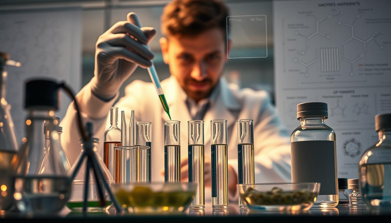 Detailed close-up view of a scientific experiment demonstrating the natural diabetes management benefits of the LANGNIS herbal supplement. Foreground shows various laboratory equipment like pipettes, test tubes, and Petri dishes filled with sample compounds. Middle ground depicts a scientist in a white lab coat carefully examining the samples. Soft, warm lighting illuminates the scene, creating an atmosphere of scientific rigor and discovery. Intricate diagrams and charts line the background, showcasing the molecular structure and mechanisms of the LANGNIS ingredients. High-resolution, photorealistic, laboratory setting.