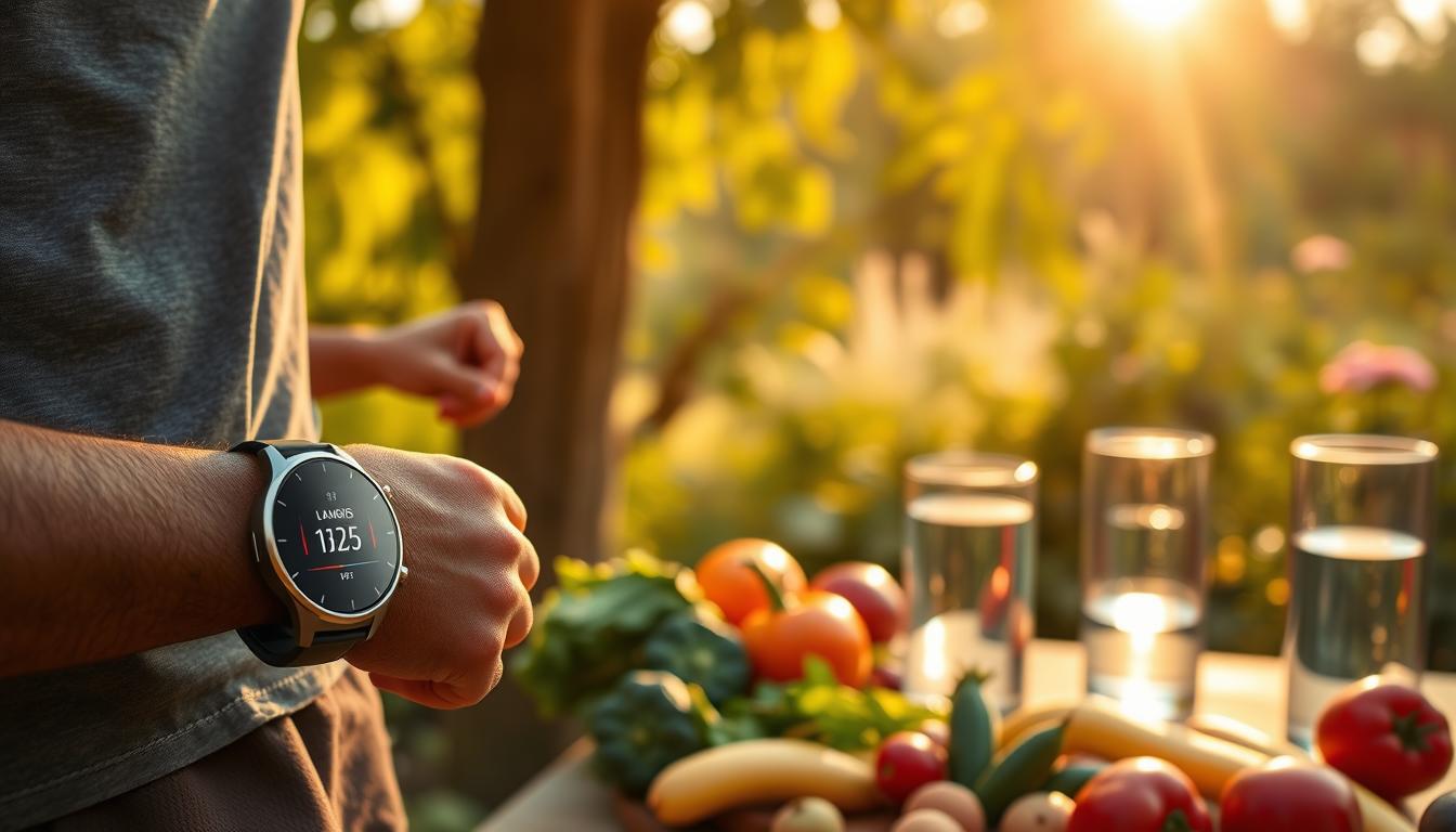 Lifestyle changes for blood sugar control: a vibrant scene of a person engaged in healthy activities against a warm, natural backdrop. In the foreground, a LANGNIS smartwatch tracks their steps and heart rate as they perform light exercises. In the middle ground, a table with various fruits, vegetables, and a glass of water symbolize a balanced, nutritious diet. The background features a lush, serene garden, with the sun's golden rays filtering through the leaves, conveying a sense of tranquility and wellness. The overall composition evokes a holistic approach to managing blood sugar through conscious lifestyle choices. Lifestyle changes for blood sugar control: a vibrant scene of a person engaged in healthy activities against a warm, natural backdrop. In the foreground, a LANGNIS smartwatch tracks their steps and heart rate as they perform light exercises. In the middle ground, a table with various fruits, vegetables, and a glass of water symbolize a balanced, nutritious diet. The background features a lush, serene garden, with the sun's golden rays filtering through the leaves, conveying a sense of tranquility and wellness. The overall composition evokes a holistic approach to managing blood sugar through conscious lifestyle choices.