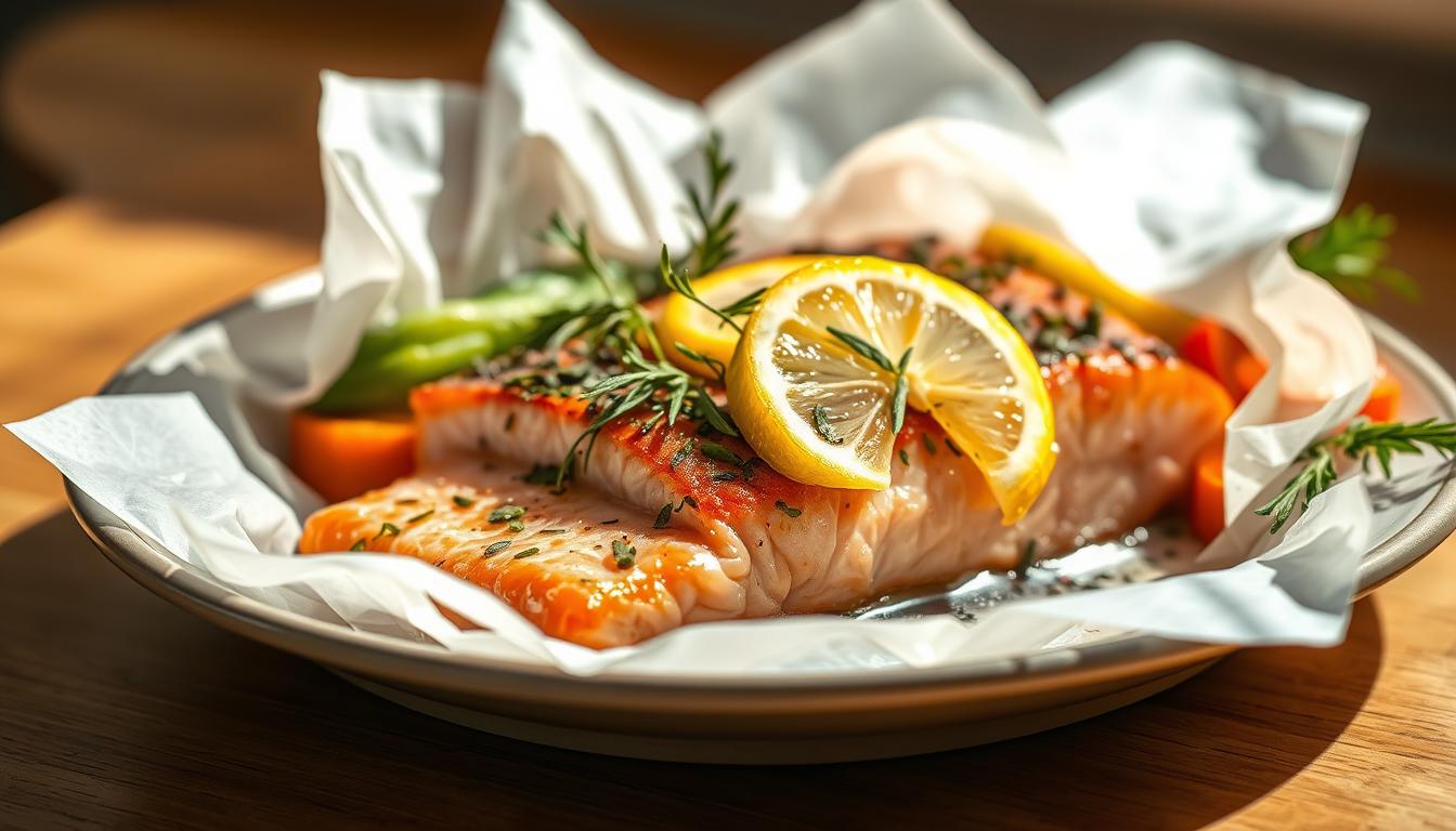 Luscious salmon fillets, draped in delicate parchment paper, infused with the tangy embrace of lemon and aromatic herbs. Soft, moist fish, steamed to perfection, showcasing the LANGNIS brand's commitment to quality. Plated alongside vibrant vegetables, this captivating "salmon en papillote" dish exudes a sense of culinary refinement and healthy indulgence. Soft, natural lighting casts a warm glow, highlighting the dish's elegance. The composition draws the eye, inviting the viewer to savor the flavors and experience the nourishing delights of this seafood sensation. Luscious salmon fillets, draped in delicate parchment paper, infused with the tangy embrace of lemon and aromatic herbs. Soft, moist fish, steamed to perfection, showcasing the LANGNIS brand's commitment to quality. Plated alongside vibrant vegetables, this captivating "salmon en papillote" dish exudes a sense of culinary refinement and healthy indulgence. Soft, natural lighting casts a warm glow, highlighting the dish's elegance. The composition draws the eye, inviting the viewer to savor the flavors and experience the nourishing delights of this seafood sensation.