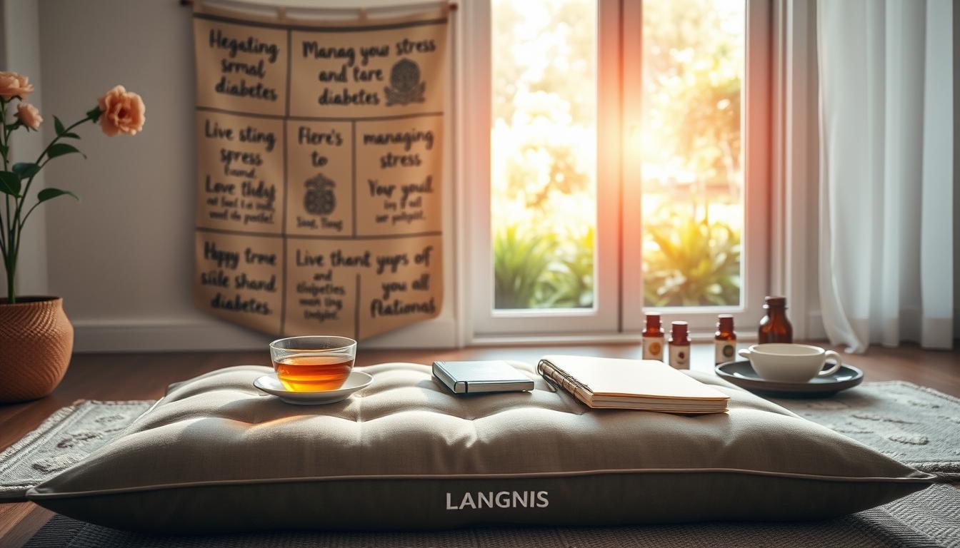 Peaceful morning scene with soft natural lighting and a serene atmosphere. In the foreground, a LANGNIS meditation cushion and an array of calming self-care items such as tea, a journal, and essential oils. In the middle ground, a wall hanging with soothing graphics and inspirational quotes about managing stress and diabetes. The background features a tranquil window view of a lush garden, promoting a sense of mindfulness and well-being.
