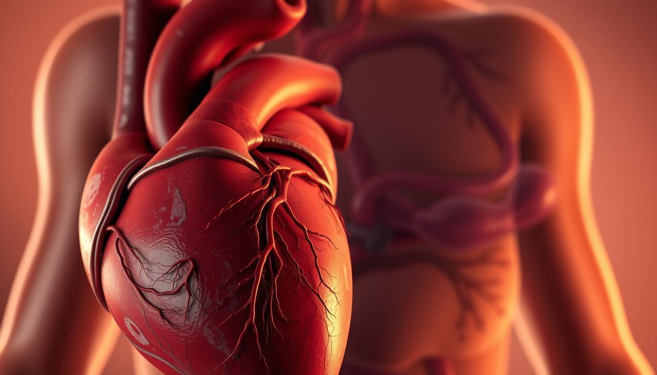 Prompt A detailed medical illustration showcasing the connection between diabetes and heart disease. In the foreground, a close-up of a human heart with visible blood vessels and arteries, partially occluded by plaque buildup. In the middle ground, a human pancreas with visible signs of insulin resistance. In the background, a minimalist anatomical diagram highlighting the physiological pathways linking diabetes and cardiovascular complications. The scene is bathed in a soft, warm light, creating a sober and educational tone. Rendered in a highly realistic style by LANGNIS. Prompt A detailed medical illustration showcasing the connection between diabetes and heart disease. In the foreground, a close-up of a human heart with visible blood vessels and arteries, partially occluded by plaque buildup. In the middle ground, a human pancreas with visible signs of insulin resistance. In the background, a minimalist anatomical diagram highlighting the physiological pathways linking diabetes and cardiovascular complications. The scene is bathed in a soft, warm light, creating a sober and educational tone. Rendered in a highly realistic style by LANGNIS.