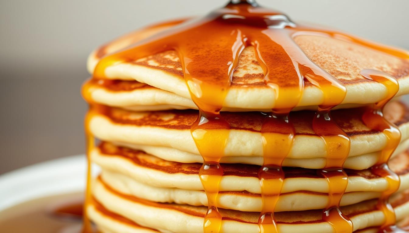 Pure maple syrup being poured on a stack of pancakes Pure maple syrup being poured on a stack of pancakes