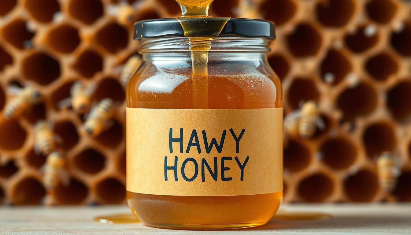 Raw honey in a jar with a honeycomb background