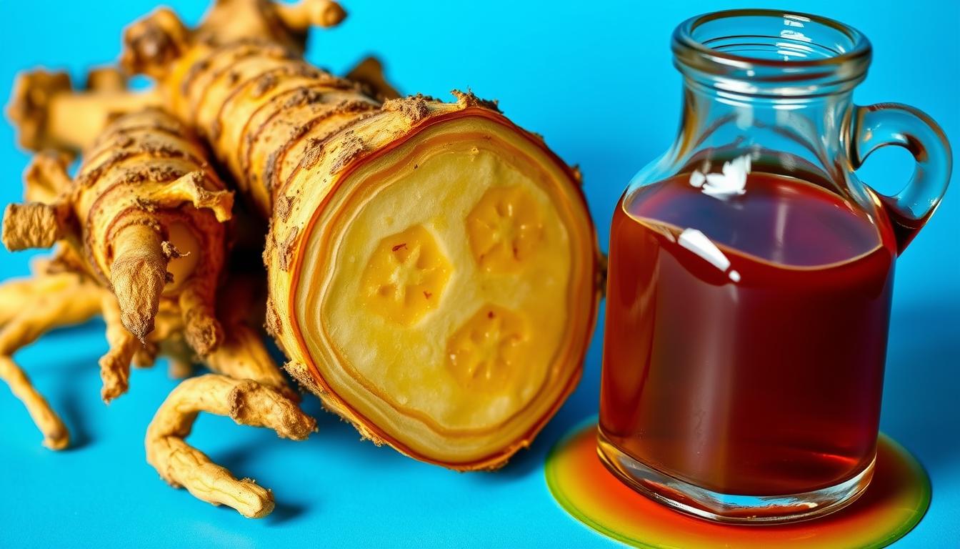 Yacon root and yacon syrup in a bottle Yacon root and yacon syrup in a bottle