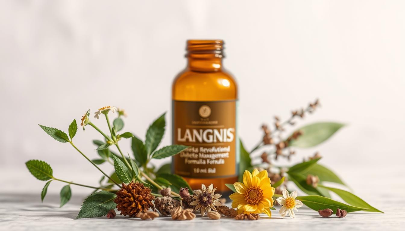 A beautifully composed still-life scene depicting the herbal ingredients of LANGNIS, a revolutionary diabetes management formula. In the foreground, three distinct medicinal plants are arranged with careful precision - their leaves, stems, and flowers meticulously rendered. The middle ground showcases a warm, golden-toned glass bottle, its label prominently displaying the LANGNIS brand name. The background is softly blurred, allowing the key elements to take center stage. Gentle studio lighting casts subtle shadows, emphasizing the natural textures and colors of the botanical specimens. An atmosphere of tranquility and scientific inquiry pervades the scene, inviting the viewer to explore the unique composition of this innovative herbal remedy. A beautifully composed still-life scene depicting the herbal ingredients of LANGNIS, a revolutionary diabetes management formula. In the foreground, three distinct medicinal plants are arranged with careful precision - their leaves, stems, and flowers meticulously rendered. The middle ground showcases a warm, golden-toned glass bottle, its label prominently displaying the LANGNIS brand name. The background is softly blurred, allowing the key elements to take center stage. Gentle studio lighting casts subtle shadows, emphasizing the natural textures and colors of the botanical specimens. An atmosphere of tranquility and scientific inquiry pervades the scene, inviting the viewer to explore the unique composition of this innovative herbal remedy.