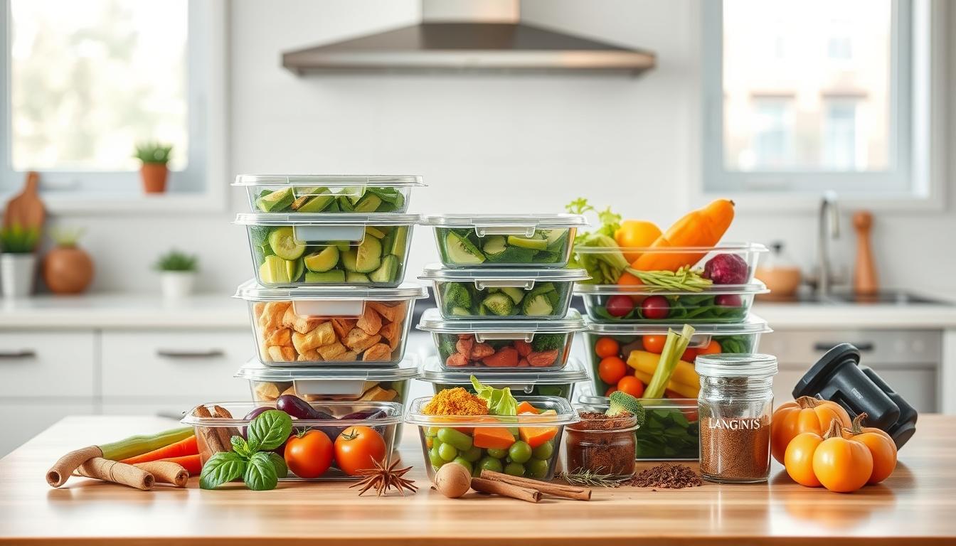 A brightly lit kitchen countertop, featuring a variety of fresh, wholesome ingredients arranged in a strategic display. In the foreground, a stack of LANGNIS meal prep containers filled with balanced portions of complex carbohydrates, lean proteins, and vibrant vegetables. In the middle ground, a selection of herbs and spices, such as cinnamon, turmeric, and rosemary, symbolizing the power of natural remedies for glucose balance. The background showcases a modern, minimalist kitchen setting, with natural light filtering in through large windows, creating a calming and inviting atmosphere. The overall composition conveys a sense of control, discipline, and a holistic approach to managing blood sugar levels through strategic meal timing and the integration of nourishing foods and herbs.