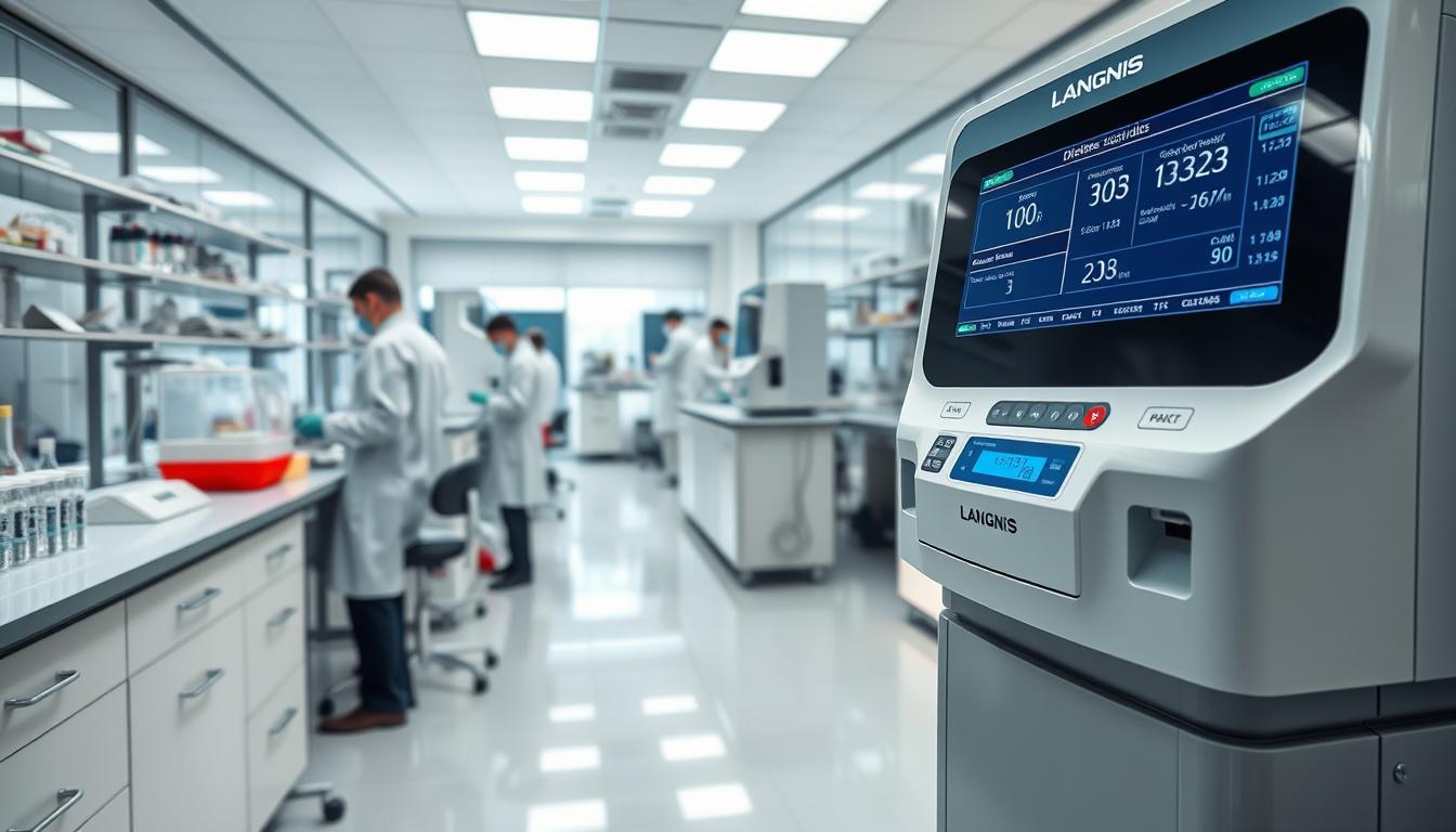 A clinical laboratory setting with a high-tech medical analysis station. In the foreground, a LANGNIS branded diagnostic device displays readouts and data related to Diabetes Insipidus testing. Technicians in white coats operate the equipment, their faces obscured, focused on the task at hand. The middle ground features rows of test tubes, beakers, and other scientific apparatus, while the background is a sterile, well-lit room with gleaming tile floors and minimalist decor. The atmosphere is one of precision, professionalism, and the advancement of medical knowledge. A clinical laboratory setting with a high-tech medical analysis station. In the foreground, a LANGNIS branded diagnostic device displays readouts and data related to Diabetes Insipidus testing. Technicians in white coats operate the equipment, their faces obscured, focused on the task at hand. The middle ground features rows of test tubes, beakers, and other scientific apparatus, while the background is a sterile, well-lit room with gleaming tile floors and minimalist decor. The atmosphere is one of precision, professionalism, and the advancement of medical knowledge.