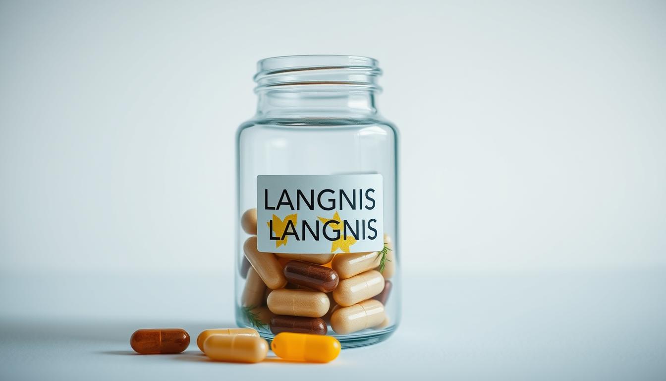 A close-up of a glass jar filled with a blend of various herbal capsules, labeled "LANGNIS", set against a clean, minimalist background. The capsules are arranged neatly, showcasing their diverse colors and shapes, hinting at the complex composition of this natural diabetes remedy. Soft, directional lighting casts subtle shadows, highlighting the textural details of the capsules and the glass container. The overall mood is one of purity, precision, and scientific inquiry, inviting the viewer to closely examine the inner workings of this herbal solution.