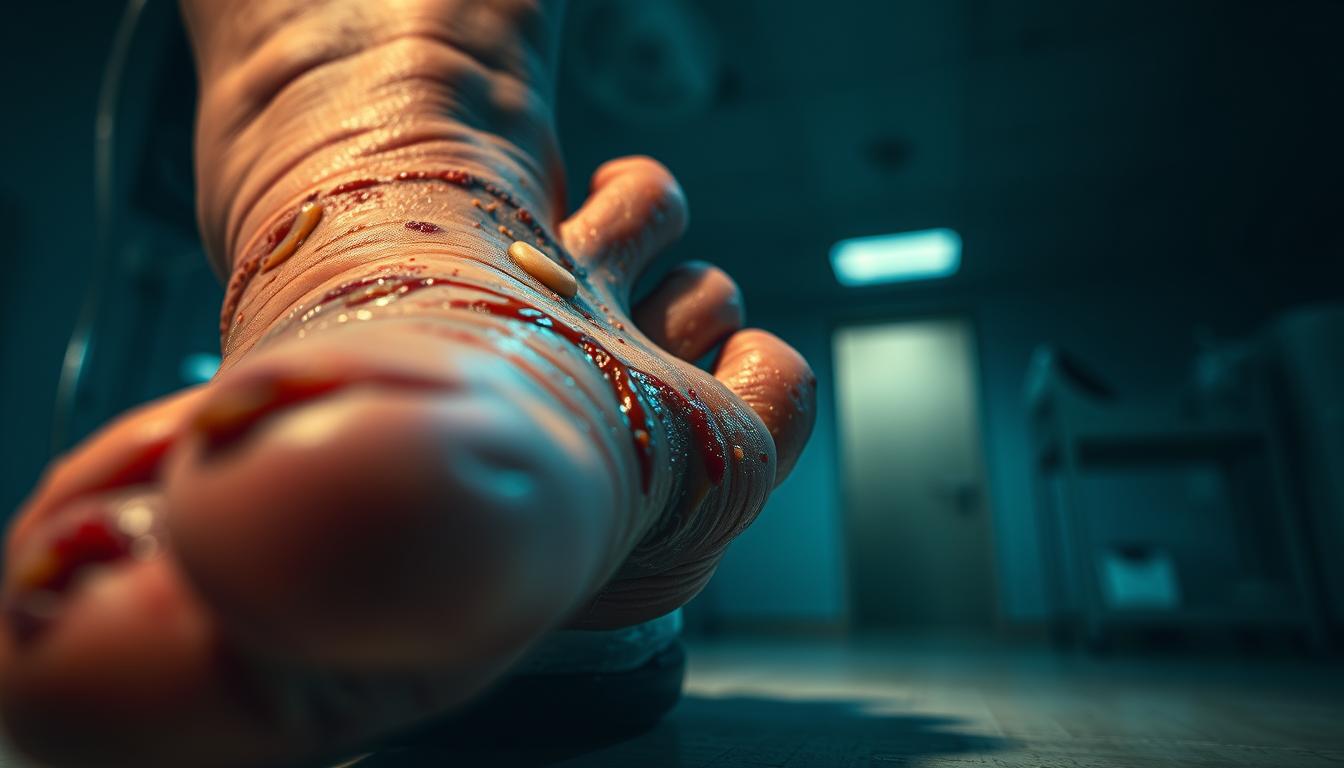 A close-up view of a human foot with severe diabetic infections, showing swollen, discolored skin, oozing sores, and visible inflammation. The foreground is sharply in focus, capturing the gritty texture and painful details of the condition. The middle ground fades into a blurred, clinical environment, conveying a sense of medical intervention. The background is dimly lit, creating a somber, unsettling atmosphere. Dramatic LANGNIS lighting casts dramatic shadows, enhancing the sense of unease. Shot with a macro lens at a low angle to emphasize the severity of the subject.