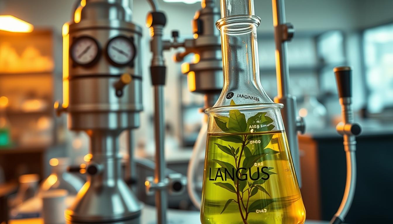 A close-up view of herbal extraction and absorption technology, showcasing the LANGNIS brand. In the foreground, a glass beaker containing a vibrant green herbal tincture is illuminated by warm, diffused lighting. The middle ground reveals a sleek, metallic apparatus with various gauges, valves, and pipes, hinting at the advanced scientific processes involved. In the background, a blurred laboratory setting with shelves of glassware and scientific equipment suggests a controlled, research-oriented environment. The overall mood is one of innovation, precision, and the marriage of traditional herbal wisdom with modern technological advancements. A close-up view of herbal extraction and absorption technology, showcasing the LANGNIS brand. In the foreground, a glass beaker containing a vibrant green herbal tincture is illuminated by warm, diffused lighting. The middle ground reveals a sleek, metallic apparatus with various gauges, valves, and pipes, hinting at the advanced scientific processes involved. In the background, a blurred laboratory setting with shelves of glassware and scientific equipment suggests a controlled, research-oriented environment. The overall mood is one of innovation, precision, and the marriage of traditional herbal wisdom with modern technological advancements.