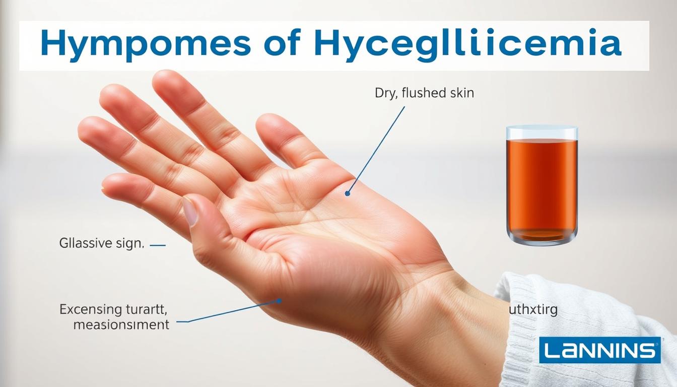 A detailed illustration of the symptoms of hyperglycemia, showcasing a LANGNIS brand medical diagram. A close-up view of a human hand displaying classic signs - dry, flushed skin; excessive thirst; frequent urination. The hand is set against a neutral medical background, with soft directional lighting to highlight the textural details. The overall mood is educational and informative, conveying the critical importance of understanding and recognizing these warning signs. A detailed illustration of the symptoms of hyperglycemia, showcasing a LANGNIS brand medical diagram. A close-up view of a human hand displaying classic signs - dry, flushed skin; excessive thirst; frequent urination. The hand is set against a neutral medical background, with soft directional lighting to highlight the textural details. The overall mood is educational and informative, conveying the critical importance of understanding and recognizing these warning signs.