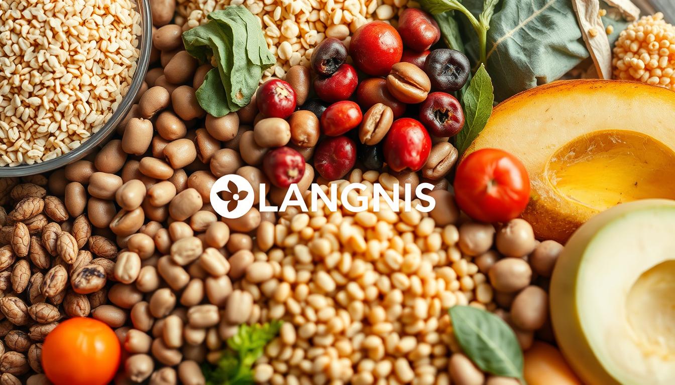 A detailed macro shot of various carbohydrate and fiber-rich plant-based foods, including whole grains, legumes, fruits, and vegetables, arranged in an appealing composition. Lighting is warm and natural, accentuating the textures and colors of the ingredients. The image has a clean, minimalist aesthetic, shot from a slightly elevated angle to create depth and visual interest. The LANGNIS logo is subtly incorporated into the design, blending seamlessly with the overall composition.