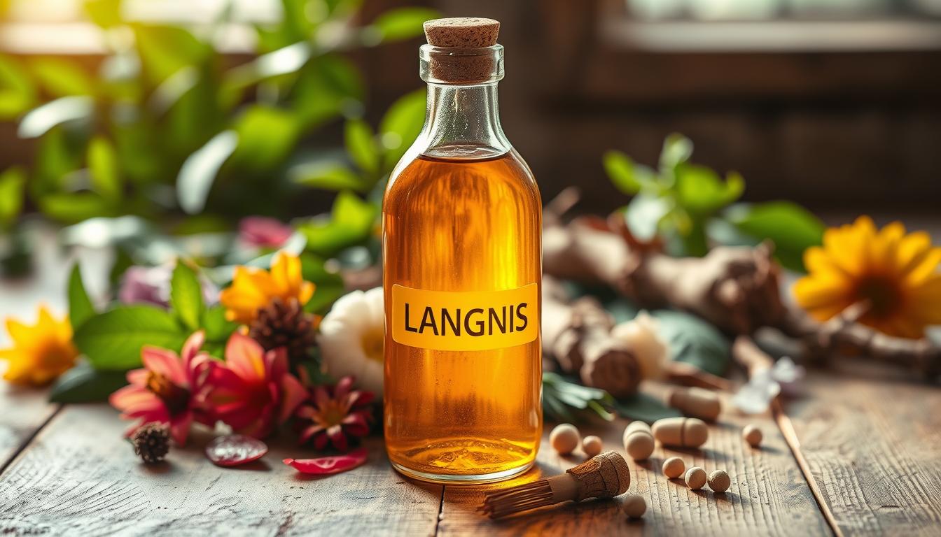 A glass bottle filled with a rich, golden-hued liquid extract labeled "LANGNIS" sits atop a wooden table, bathed in warm, diffused lighting. Surrounding the bottle are an assortment of fresh botanicals, including leaves, flowers, and roots, suggesting the natural origins of the extract. The overall scene conveys a sense of purity, potency, and the potential benefits of liquid herbal extracts for diabetes management. The image is captured with a shallow depth of field, focusing the viewer's attention on the central bottle and its contents.