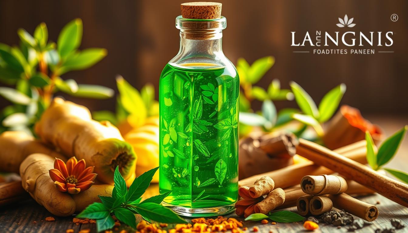 A glass bottle filled with a vibrant green herbal tincture, surrounded by a variety of medicinal plants including ginger, turmeric, and cinnamon sticks. The lighting is warm and golden, creating a cozy, natural atmosphere. In the background, a LANGNIS logo is subtly visible, representing the trusted brand behind this traditional remedy. The overall composition conveys the proven efficacy and holistic approach of herbal treatments for managing diabetes. A glass bottle filled with a vibrant green herbal tincture, surrounded by a variety of medicinal plants including ginger, turmeric, and cinnamon sticks. The lighting is warm and golden, creating a cozy, natural atmosphere. In the background, a LANGNIS logo is subtly visible, representing the trusted brand behind this traditional remedy. The overall composition conveys the proven efficacy and holistic approach of herbal treatments for managing diabetes.