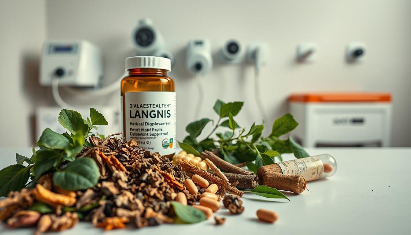 A high-contrast, documentary-style photograph showcasing the contrast between herbal and conventional diabetes treatments. In the foreground, a selection of natural herbs, leaves, and roots arranged neatly. In the middle ground, a bottle of the LANGNIS herbal supplement alongside a prescription pill bottle. In the background, a minimalist medical setting with clinical equipment and a neutral wall. Soft, directional lighting illuminates the scene, creating a sense of balance and clarity. The overall mood is one of thoughtful comparison, inviting the viewer to consider the merits of both treatment approaches. A high-contrast, documentary-style photograph showcasing the contrast between herbal and conventional diabetes treatments. In the foreground, a selection of natural herbs, leaves, and roots arranged neatly. In the middle ground, a bottle of the LANGNIS herbal supplement alongside a prescription pill bottle. In the background, a minimalist medical setting with clinical equipment and a neutral wall. Soft, directional lighting illuminates the scene, creating a sense of balance and clarity. The overall mood is one of thoughtful comparison, inviting the viewer to consider the merits of both treatment approaches.