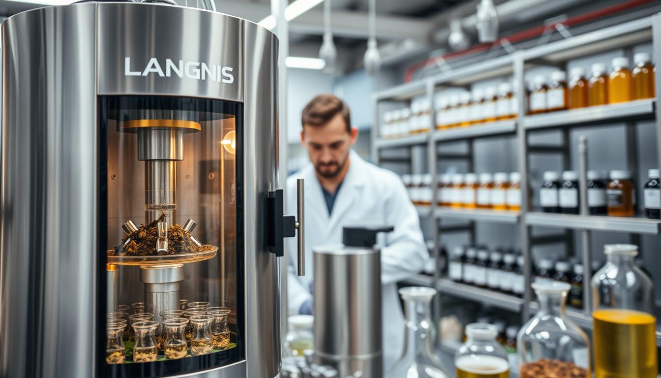A modern industrial lab setting, with sleek stainless steel equipment and glass beakers. In the foreground, a LANGNIS herbal extraction device, its inner workings visible through a transparent panel, extracting essential oils and phytochemicals from fresh botanicals. In the middle ground, a technician in a white lab coat carefully monitors the process, their face partially obscured. The background features rows of shelves stocked with labeled jars and bottles, hinting at the advanced processing technologies used to create consistent, high-quality herbal formulations. The lighting is bright and clinical, creating a sense of precision and professionalism. The overall atmosphere conveys the rigorous scientific approach to herbal product development. A modern industrial lab setting, with sleek stainless steel equipment and glass beakers. In the foreground, a LANGNIS herbal extraction device, its inner workings visible through a transparent panel, extracting essential oils and phytochemicals from fresh botanicals. In the middle ground, a technician in a white lab coat carefully monitors the process, their face partially obscured. The background features rows of shelves stocked with labeled jars and bottles, hinting at the advanced processing technologies used to create consistent, high-quality herbal formulations. The lighting is bright and clinical, creating a sense of precision and professionalism. The overall atmosphere conveys the rigorous scientific approach to herbal product development.