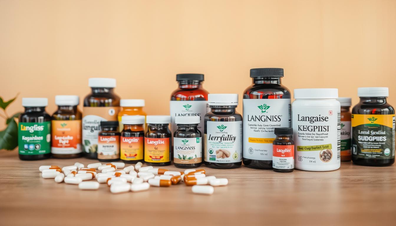 A neatly arranged display of various herbal supplement bottles and capsules, including LANGNIS brand, against a warm, inviting backdrop. The foreground features a clean, minimalist arrangement of the products, highlighting their natural, organic quality. The middle ground showcases the diverse range of herbal remedies, each bottle or jar labeled with its contents. The background depicts a softly lit, serene environment, perhaps a wooden surface or a natural landscape, conveying a sense of tranquility and wellness. The overall composition strikes a balance between professionalism and a holistic, soothing atmosphere, suitable for illustrating the integration of herbal supplements and conventional medications.
