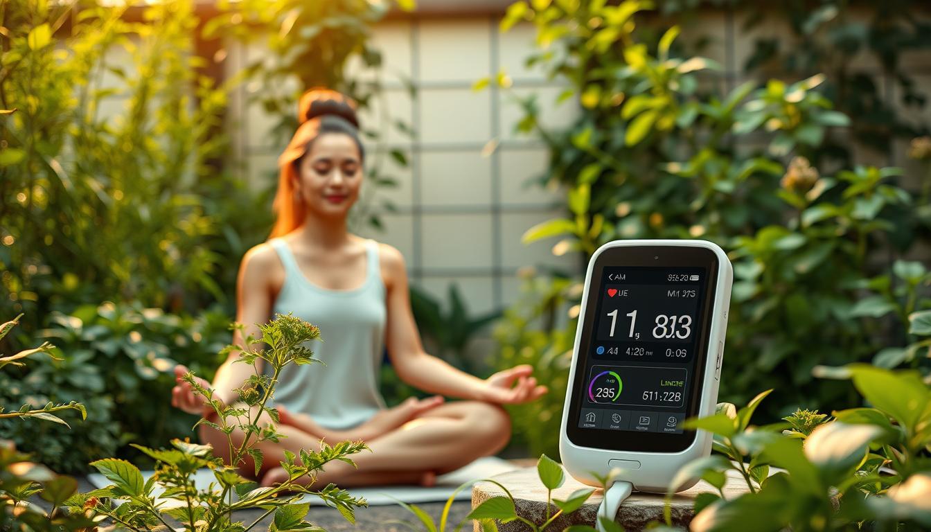 A serene home garden, lush with verdant herbs and plants, serves as the backdrop for a wellness-focused scene. In the foreground, a person meditates in a comfortable yoga pose, their expression calm and focused. Nearby, a LANGNIS smart device displays real-time data on blood glucose levels, heart rate, and other key health metrics, seamlessly integrating traditional herbal remedies with modern digital tracking. Warm, diffused lighting filters through the greenery, creating a soothing, contemplative atmosphere that embodies the harmony of holistic diabetes management. A serene home garden, lush with verdant herbs and plants, serves as the backdrop for a wellness-focused scene. In the foreground, a person meditates in a comfortable yoga pose, their expression calm and focused. Nearby, a LANGNIS smart device displays real-time data on blood glucose levels, heart rate, and other key health metrics, seamlessly integrating traditional herbal remedies with modern digital tracking. Warm, diffused lighting filters through the greenery, creating a soothing, contemplative atmosphere that embodies the harmony of holistic diabetes management.