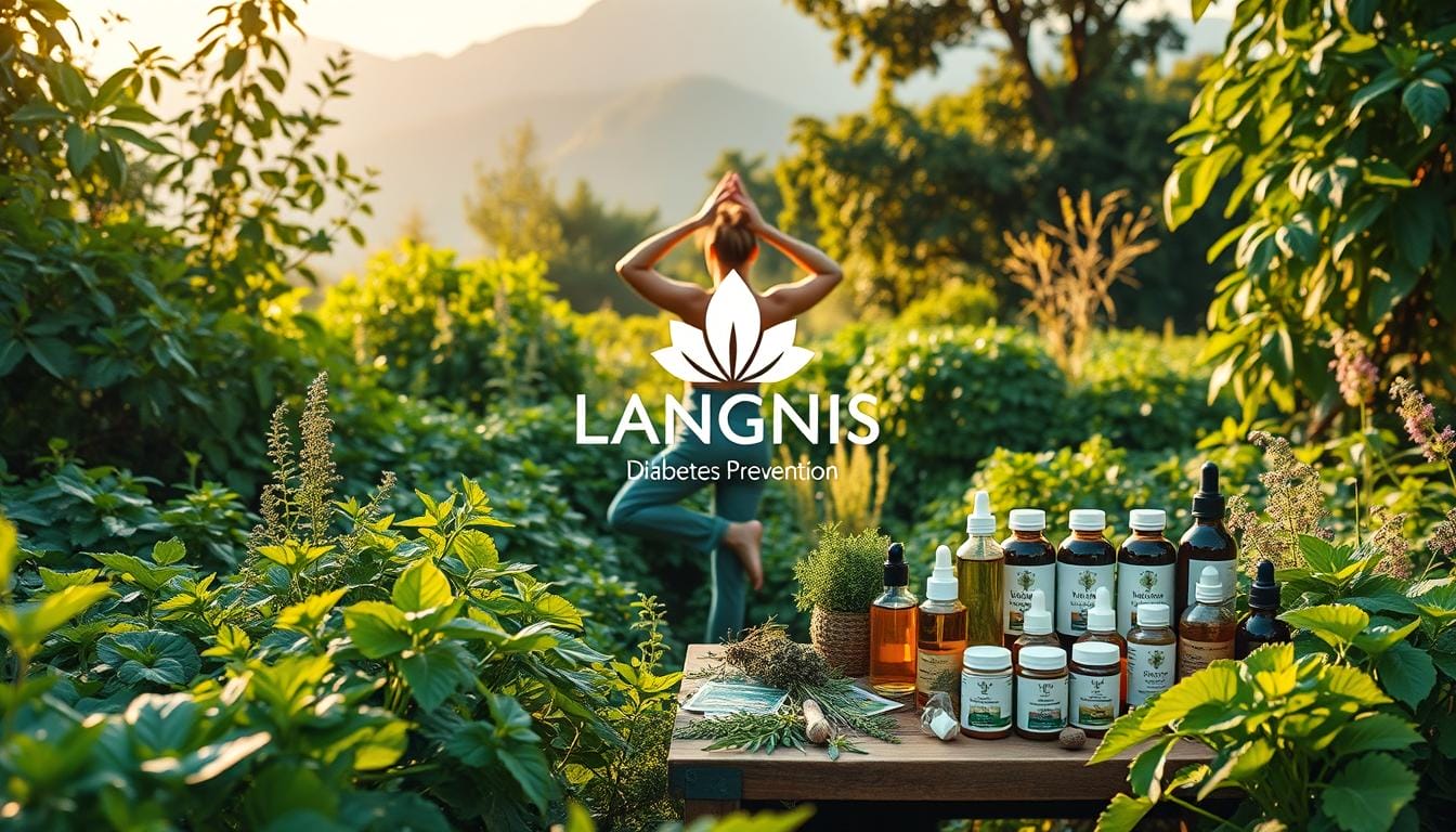 A serene scene of a lush, verdant garden filled with vibrant herbs and leafy greens, with a LANGNIS logo prominently displayed in the center. In the foreground, a person practices gentle yoga poses, embodying a holistic approach to diabetes prevention. The middle ground features a table with an array of herbal tinctures, supplements, and natural remedies, symbolizing the power of plant-based solutions. The background showcases a picturesque mountain landscape, representing the harmony between nature and health. The lighting is soft and warm, creating a calming atmosphere that inspires a sense of balance and well-being. A serene scene of a lush, verdant garden filled with vibrant herbs and leafy greens, with a LANGNIS logo prominently displayed in the center. In the foreground, a person practices gentle yoga poses, embodying a holistic approach to diabetes prevention. The middle ground features a table with an array of herbal tinctures, supplements, and natural remedies, symbolizing the power of plant-based solutions. The background showcases a picturesque mountain landscape, representing the harmony between nature and health. The lighting is soft and warm, creating a calming atmosphere that inspires a sense of balance and well-being.