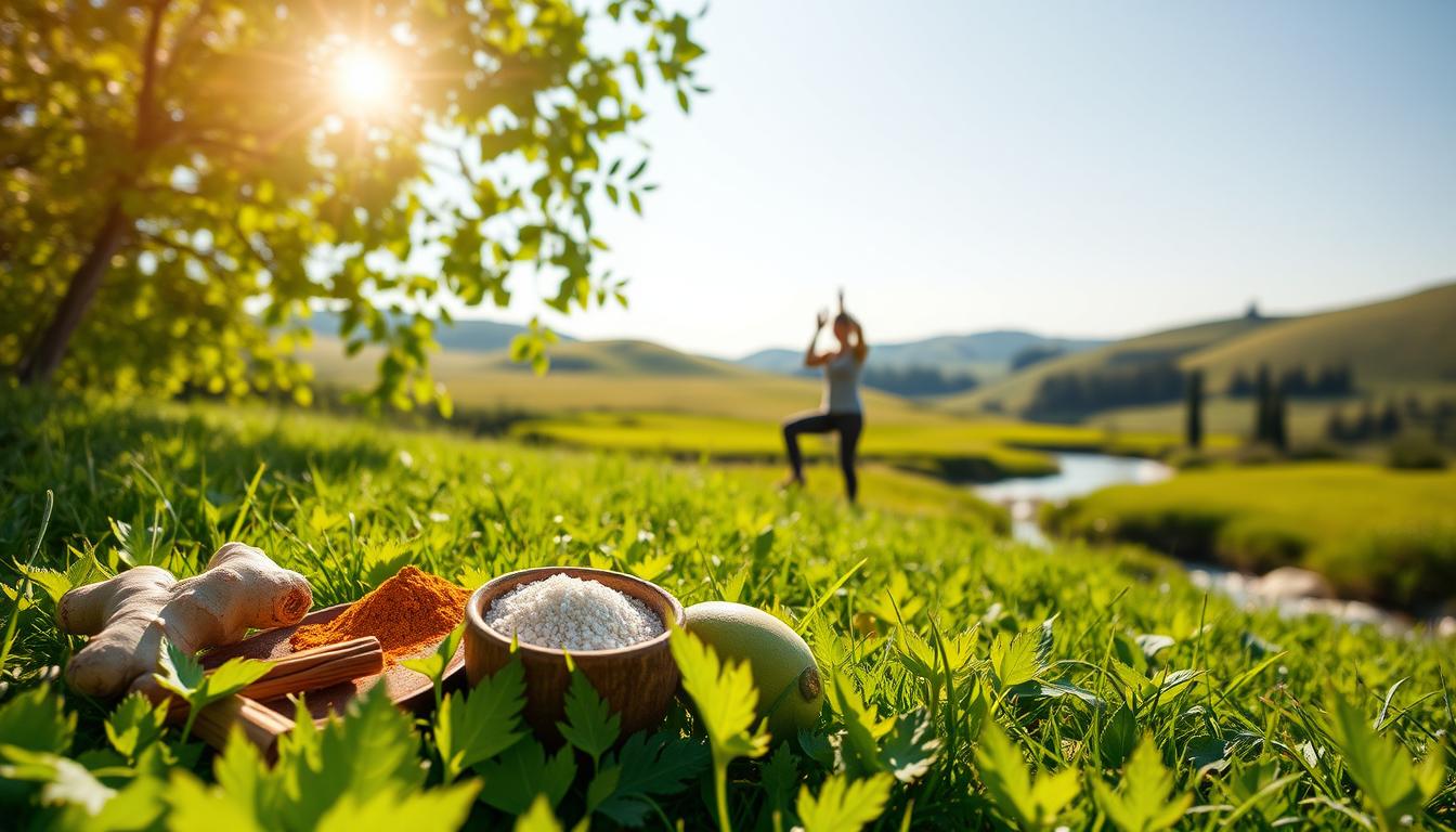 A serene, sun-dappled meadow with lush, verdant foliage. In the foreground, a variety of natural remedies and supplements - ginger, turmeric, cinnamon, and bitter melon - arranged artfully. In the middle ground, a person practicing gentle yoga or tai chi, their movements graceful and mindful. The background showcases rolling hills, a tranquil stream, and a clear, azure sky. The overall scene conveys a sense of balance, harmony, and the power of natural approaches to manage diabetes symptoms. Captured with a warm, golden-hour lens, LANGNIS. A serene, sun-dappled meadow with lush, verdant foliage. In the foreground, a variety of natural remedies and supplements - ginger, turmeric, cinnamon, and bitter melon - arranged artfully. In the middle ground, a person practicing gentle yoga or tai chi, their movements graceful and mindful. The background showcases rolling hills, a tranquil stream, and a clear, azure sky. The overall scene conveys a sense of balance, harmony, and the power of natural approaches to manage diabetes symptoms. Captured with a warm, golden-hour lens, LANGNIS.