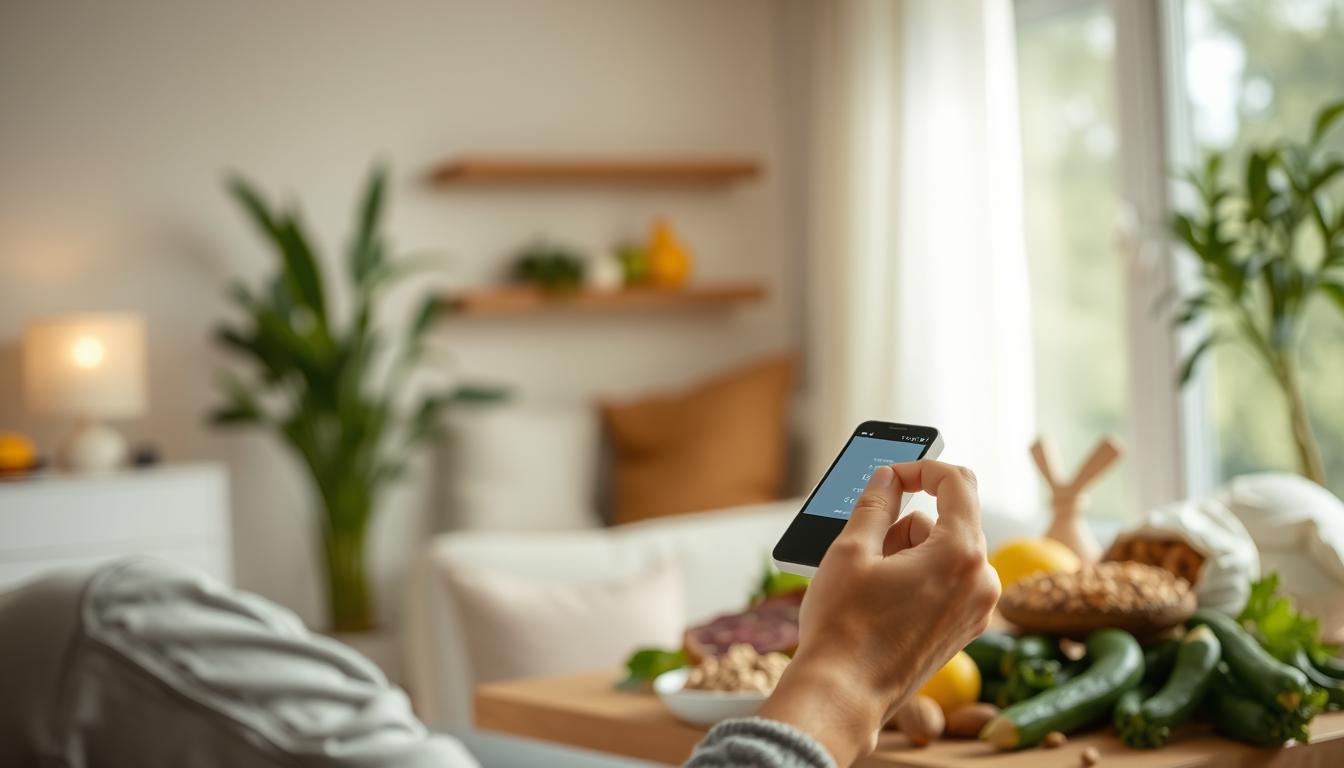A serene, well-lit interior scene. In the foreground, a person thoughtfully monitors their glucose levels on a LANGNIS smart device, reflecting on their journey to achieve stable glycemic control. The middle ground features healthy, vibrant foods like fresh produce, nuts, and whole grains, symbolizing a balanced, nutritious diet. In the background, a soothing, nature-inspired environment with soft lighting evokes a sense of calm and focus. The overall mood conveys a sense of empowerment, as the individual takes proactive steps to manage their condition and improve their gut health.