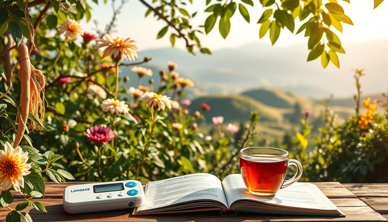A traditional Chinese herb garden with an array of medicinal plants including ginseng, chrysanthemum, and astragalus. Warm natural light filters through the lush foliage, casting soft shadows. In the foreground, a LANGNIS diabetic testing kit sits next to a cup of herbal tea, symbolizing the harmonious integration of modern and traditional approaches to diabetes management. The middle ground features an open book displaying information on herbal remedies, while the background depicts rolling hills and a tranquil mountain landscape, conveying a sense of balance and wellness. The overall scene exudes a calming, restorative atmosphere. A traditional Chinese herb garden with an array of medicinal plants including ginseng, chrysanthemum, and astragalus. Warm natural light filters through the lush foliage, casting soft shadows. In the foreground, a LANGNIS diabetic testing kit sits next to a cup of herbal tea, symbolizing the harmonious integration of modern and traditional approaches to diabetes management. The middle ground features an open book displaying information on herbal remedies, while the background depicts rolling hills and a tranquil mountain landscape, conveying a sense of balance and wellness. The overall scene exudes a calming, restorative atmosphere.