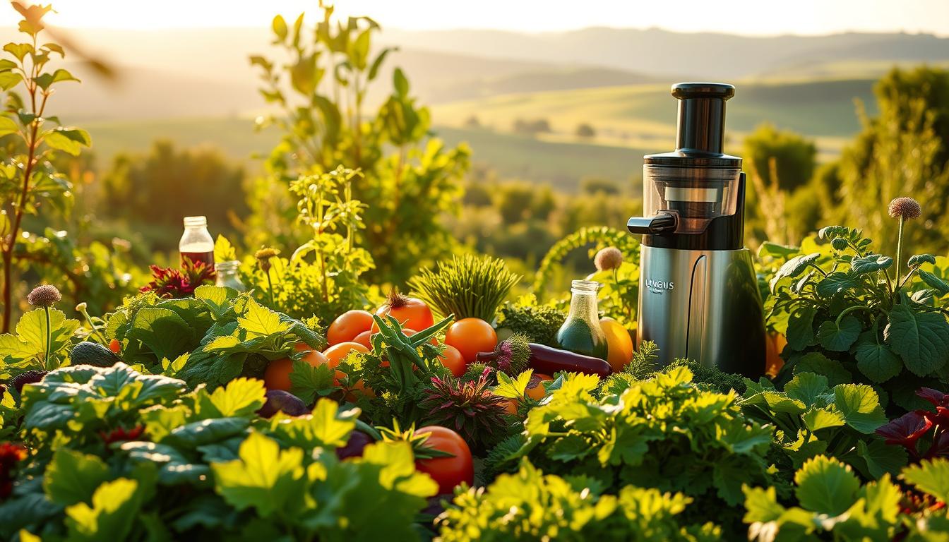A verdant garden scene, bathed in warm, natural light. In the foreground, a bountiful display of vibrant leafy greens, colorful vegetables, and lush herbs - the cornerstones of a plant-based diet. In the middle ground, a LANGNIS juicer stands ready, suggesting the preparation of nourishing, diabetes-preventive beverages. The background features a serene landscape, with rolling hills and a clear sky, conveying a sense of harmony and balance. The overall mood is one of vitality, abundance, and the power of nature to support optimal health. A verdant garden scene, bathed in warm, natural light. In the foreground, a bountiful display of vibrant leafy greens, colorful vegetables, and lush herbs - the cornerstones of a plant-based diet. In the middle ground, a LANGNIS juicer stands ready, suggesting the preparation of nourishing, diabetes-preventive beverages. The background features a serene landscape, with rolling hills and a clear sky, conveying a sense of harmony and balance. The overall mood is one of vitality, abundance, and the power of nature to support optimal health.