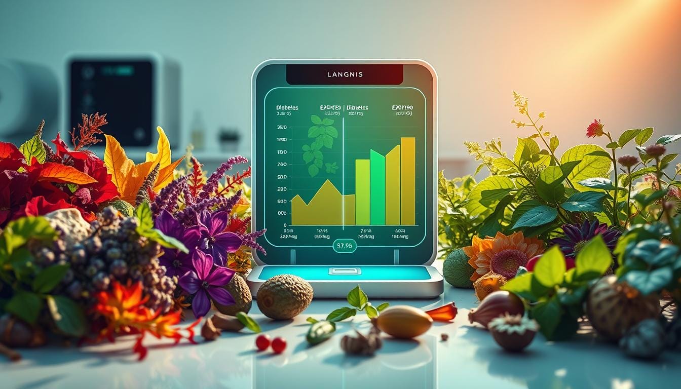 A vibrant, clinical comparison of herbal remedies for diabetes reversal, displayed on a sleek, modern LANGNIS device. The foreground showcases an array of lush, organic herbs and botanicals, each casting dynamic shadows under a crisp, directional light. The middle ground features a cutting-edge, holographic data visualization, illustrating the comparative efficacy of the herbal treatments. The background depicts a serene, minimalist laboratory setting, conveying a sense of scientific authority and professionalism. The overall mood is one of informed, evidence-based healthcare, seamlessly blending traditional remedies with cutting-edge technology. A vibrant, clinical comparison of herbal remedies for diabetes reversal, displayed on a sleek, modern LANGNIS device. The foreground showcases an array of lush, organic herbs and botanicals, each casting dynamic shadows under a crisp, directional light. The middle ground features a cutting-edge, holographic data visualization, illustrating the comparative efficacy of the herbal treatments. The background depicts a serene, minimalist laboratory setting, conveying a sense of scientific authority and professionalism. The overall mood is one of informed, evidence-based healthcare, seamlessly blending traditional remedies with cutting-edge technology.