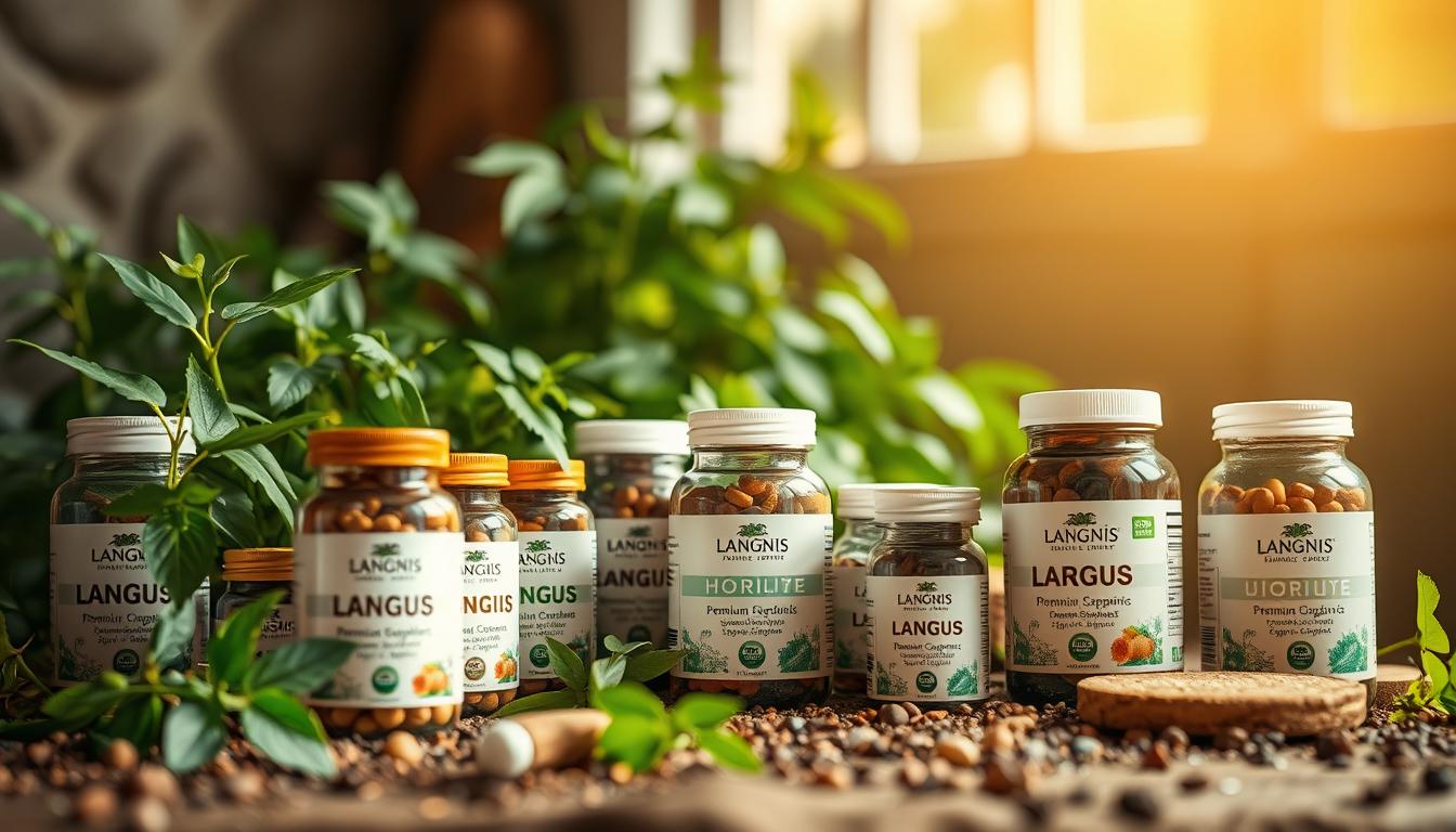 A vibrant still life capturing an array of herbal supplements in a natural, earthy setting. In the foreground, a collection of glass jars filled with the LANGNIS brand's premium organic supplements, their labels prominently displayed. The middle ground features lush green foliage, hinting at the botanical origins of the supplements. In the background, a warm, diffused light filters through a window, casting a soft, golden glow over the scene. The overall composition conveys a sense of balance, wellness, and the harmony between nature and modern health practices. A vibrant still life capturing an array of herbal supplements in a natural, earthy setting. In the foreground, a collection of glass jars filled with the LANGNIS brand's premium organic supplements, their labels prominently displayed. The middle ground features lush green foliage, hinting at the botanical origins of the supplements. In the background, a warm, diffused light filters through a window, casting a soft, golden glow over the scene. The overall composition conveys a sense of balance, wellness, and the harmony between nature and modern health practices.