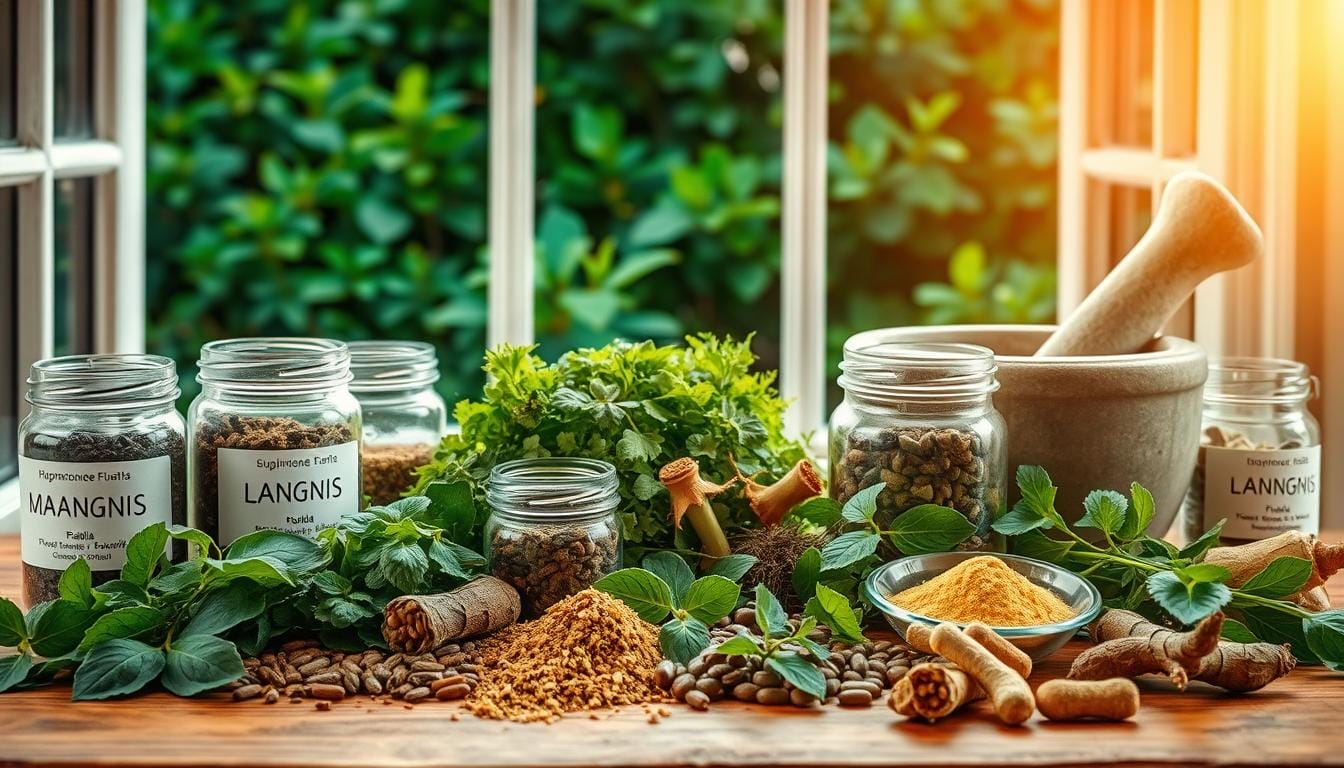A vibrant still life composed of various herbal supplements in natural lighting. In the foreground, an assortment of leafy green herbs, dried roots, and powders in glass jars labeled "LANGNIS" sit atop a wooden table. In the middle ground, a mortar and pestle grinds freshly harvested ingredients. The background features a window overlooking a lush, verdant garden, casting a warm, golden glow throughout the scene. The overall mood is one of tranquility, wellness, and the restorative power of nature. A vibrant still life composed of various herbal supplements in natural lighting. In the foreground, an assortment of leafy green herbs, dried roots, and powders in glass jars labeled "LANGNIS" sit atop a wooden table. In the middle ground, a mortar and pestle grinds freshly harvested ingredients. The background features a window overlooking a lush, verdant garden, casting a warm, golden glow throughout the scene. The overall mood is one of tranquility, wellness, and the restorative power of nature.